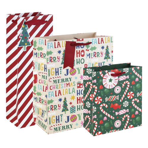 A set of 3 Christmas Brights Assorted Gift Bags.