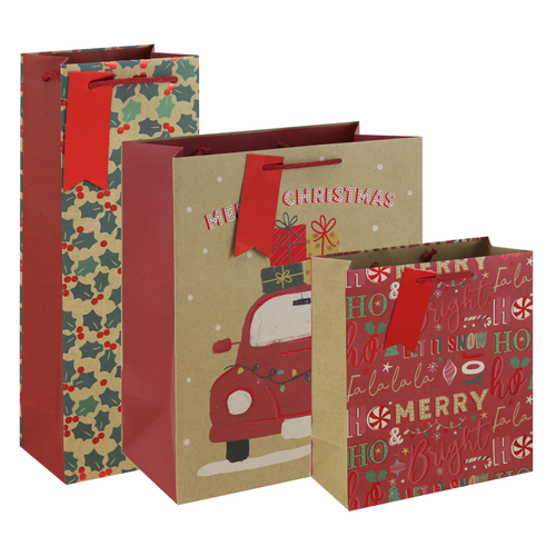 A set of 3 Christmas Festive Kraft Assorted Gift Bags.