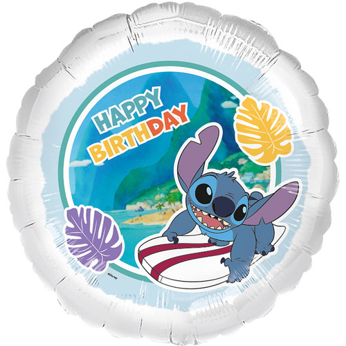 An 18 inch surfer Stitch happy birthday foil balloon, manufactured by Folat.
