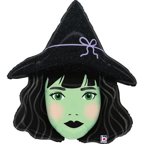 A 33 inch Pretty Green Witch Foil Balloon, manufactured by Betallic.