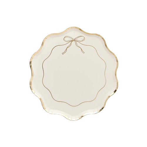 A pack of 8 White & Gold Wavy Edge Bow Paper Plates.
