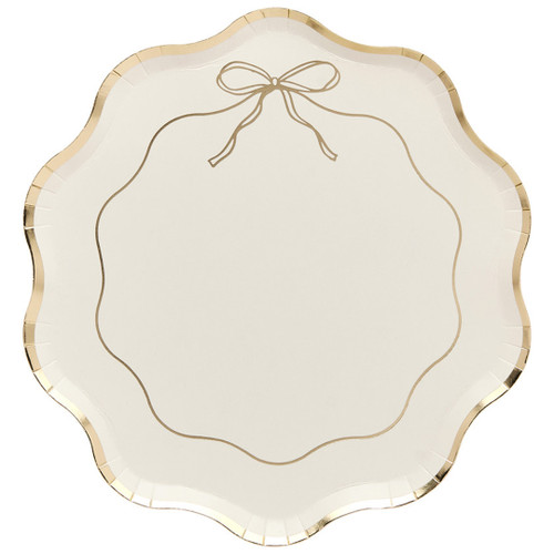A pack of 8 White & Gold Wavy Edge Bow Paper Plates.