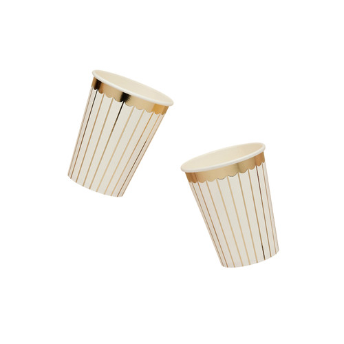 A pack of 8 White & Gold Striped Paper Cups.