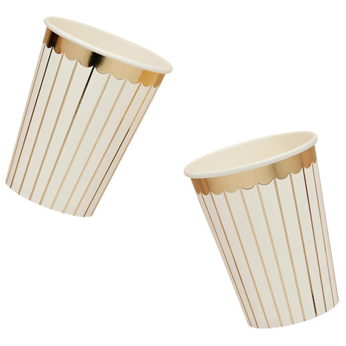 A pack of 8 White & Gold Striped Paper Cups.