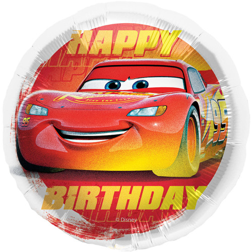 An 18 inch Lightning McQueen Cars happy birthday foil balloon, manufactured by Folat.