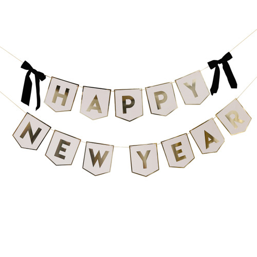 A Happy New Year Card Banner with Black Velvet Bows.