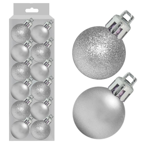 A set of 12 3cm Silver Assorted Baubles.