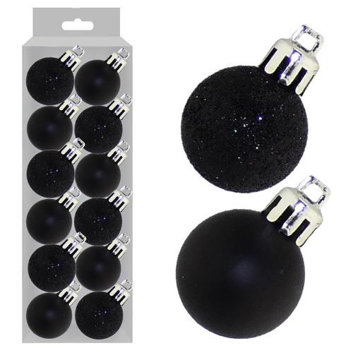 A set of 12 3cm Black Assorted Baubles.