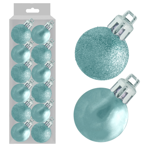 A set of 12 3cm Ice Blue Assorted Baubles.