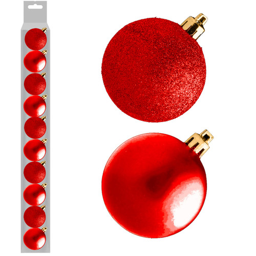 A set of 10 6cm red assorted baubles.