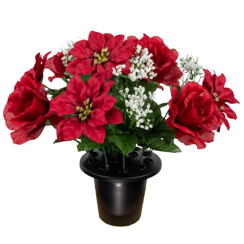 A 28cm Winter Red Poinsettia & Rose Grave Pot.