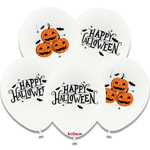 A pack of 25 12 inch Happy Halloween Pumpkin Latex Balloons, manufactured by Kalisan.