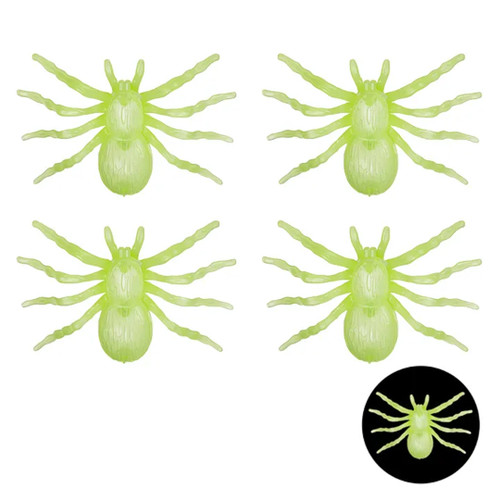 A pack of 4 10cm Glow in the Dark Large Spiders, manufactured by Partydeco.