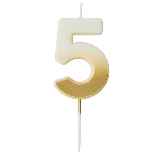 A 6.2cm Gold Ombre Number 5 Candle, manufactured by Hootyballoo.