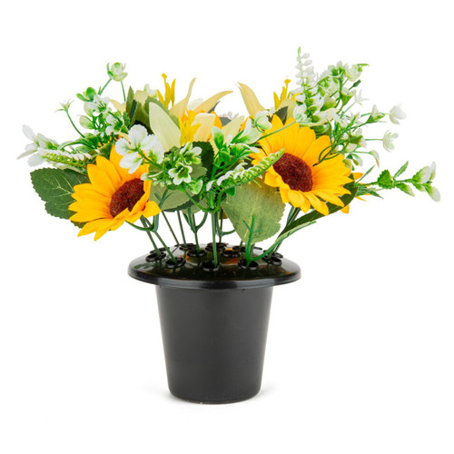 A Yellow Sunflowers & White Lillies Grave Pot.