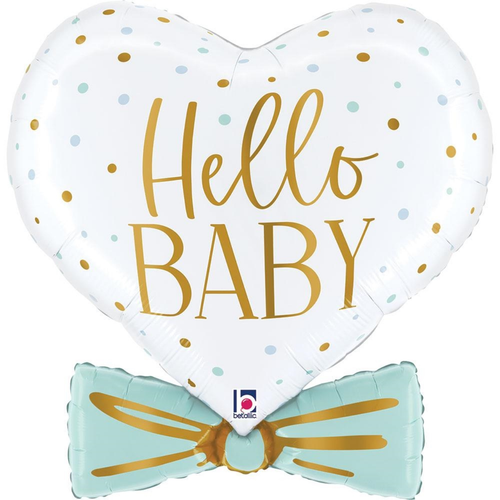 A 29 inch Hello Baby Blue Bow Heart Foil Balloon, manufactured by Betallic.