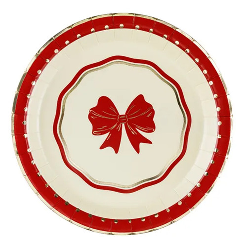 A pack of 6 Red & Beige Bow Paper Plates, manufactured by Partydeco.
