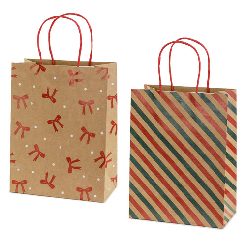 A pack of 6 stripes and bows kraft gift bags, manufactured by PartyDeco.