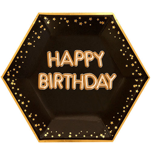 Glitz & Glamour Happy Birthday Black Hexagon Paper Plates (8)