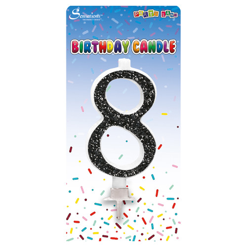 A 6cm black glitter number 8 candle, manufactured by Sensations.