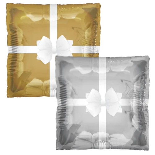 A 24 inch Silver & Gold Present Tuftex Squared Foil Balloon, manufactured by TUFTEX.