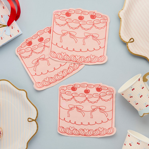 A pack of 16 Rococo Cherries Cake Shaped Paper Napkins.
