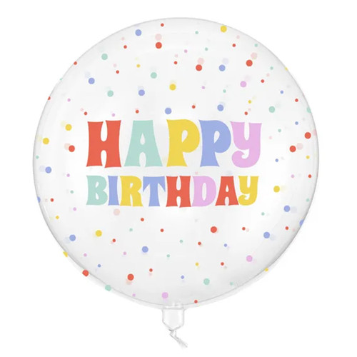 A 24 inch Transparent Happy Birthday Bubble Balloon, manufactured by Partydeco.