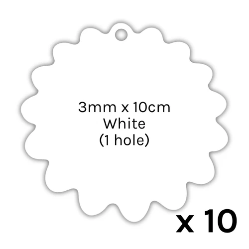 White Acrylic Wavy Flower Tags - 3mm x 10cm (1 hole) (10)