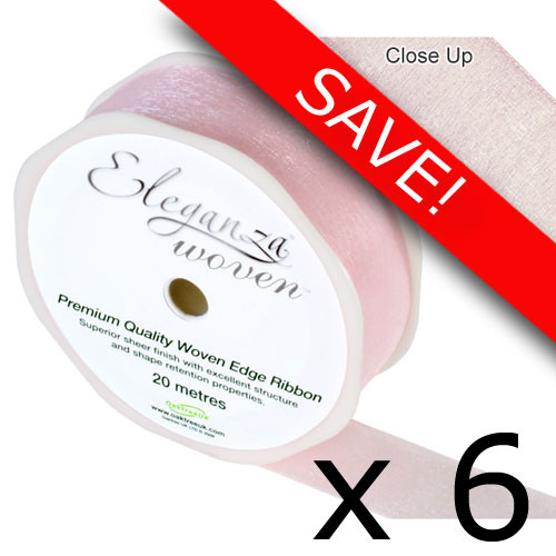 Pack of 6 Light Pink Woven Edge Ribbon - 25mm x 20m