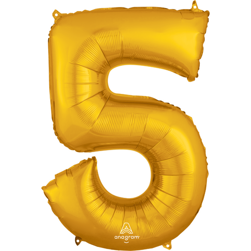 A 34 inch Anagram Gold Number 5 Foil Balloon, manufactured by Anagram.