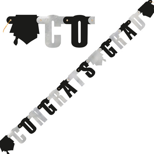 Congrats Grad Black & Silver Jointed Paper Banner - 1.37m (1)