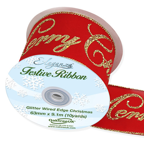 Merry Christmas Red & Gold Wired Edge Ribbon - 63mm x 9.1m (1)