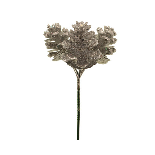 19cm Silver Glitter Pine Cone Pick (1)