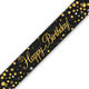 A birthday banner reading "Happy Birthday" in a black and gold holographic finish, manufactured by Oaktree.