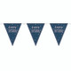 Navy blue bunting with a silver happy birthday design, this image shows three triangles of the strip, manufactured by Unique.