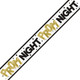 A 9ft white prom banner with black and gold print including text and stars, manufactured by Unique.