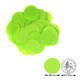 Collection of 25mm diameter lime green circular confetti shapes, shown with a 10p image for scale.