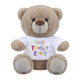A brown bear soft toy wearing a white t-shirt with the words 'thank you teacher' on it
