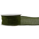 A roll of 38mm moss green country hessian wired edge ribbon.