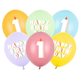 A pack of 6 12 inch Happy Birthday Age 1 Bright Pastel Latex Balloons, manufactured by PartyDeco.