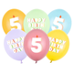 A pack of 6 12 inch Happy Birthday Age 5 Bright Pastel Latex Balloons, manufactured by PartyDeco.