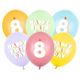 A pack of 6 12 inch Happy Birthday Age 8 Bright Pastel Latex Balloons, manufactured by PartyDeco.