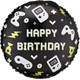 An 18 inch Happy Birthday Black Gaming Foil Balloon, manufactured by PartyDeco.