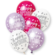 A retail pack of 6 12 inch Pink & Purple Happy Birthday Assorted Latex Balloons, manufactured by Unique.