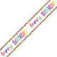 A happy birthday rainbow confetti foil banner, manufactured by Unique.