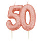 A 7cm Age Fifty Rose Gold Glitter Candle.
