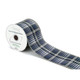 A Blue and Metallic Silver Tartan Wired Edge Ribbon, measuring approx. 63mm x 9.1m.