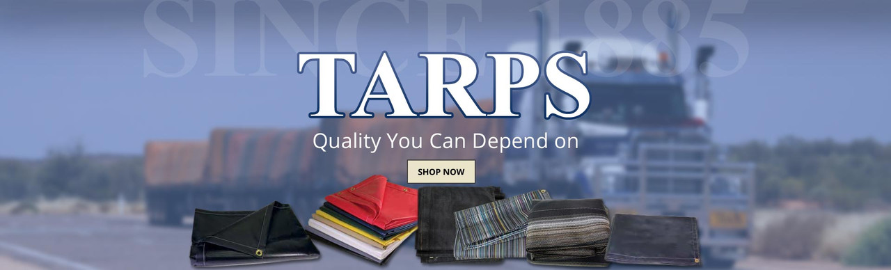 Colorful tarps stacked in front of blurred truck, showcasing industrial fabrics and textiles, with text that reads "Quality You Can Depend On."