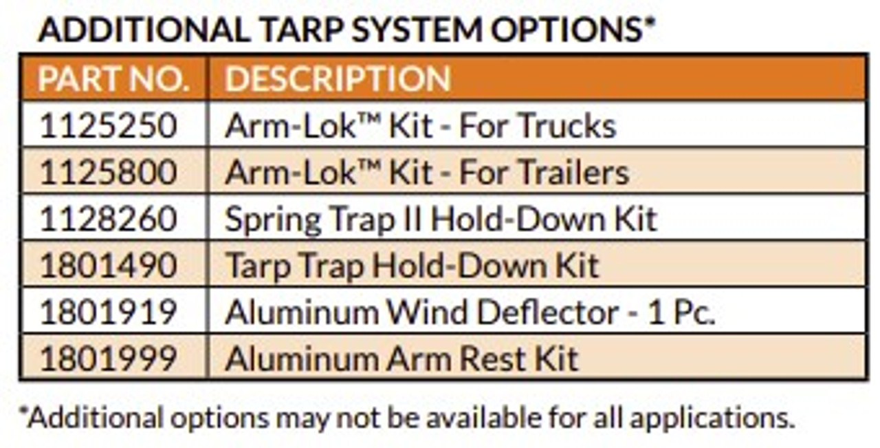 Chart for additional tarp system options for trucks and trailers