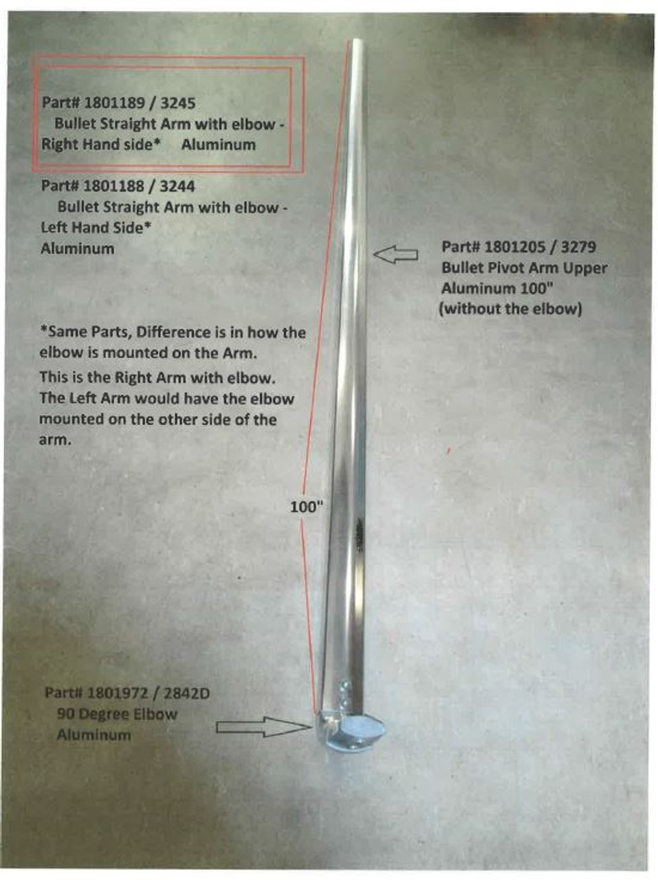 Bullet Straight Arm with elbow, Left Hand side, Aluminum (20-3244/1801188)